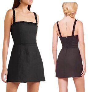 Reformation - Women’s ‘Janie’ Frilled-Trim Linen Mini Dress - Black, Size 6